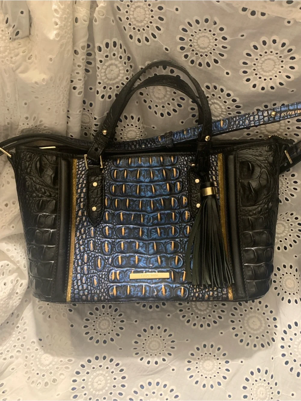 Brahmin Black and Blue Croc-Embossed Asher Satchel with Tassel (Lazuli Crowe)